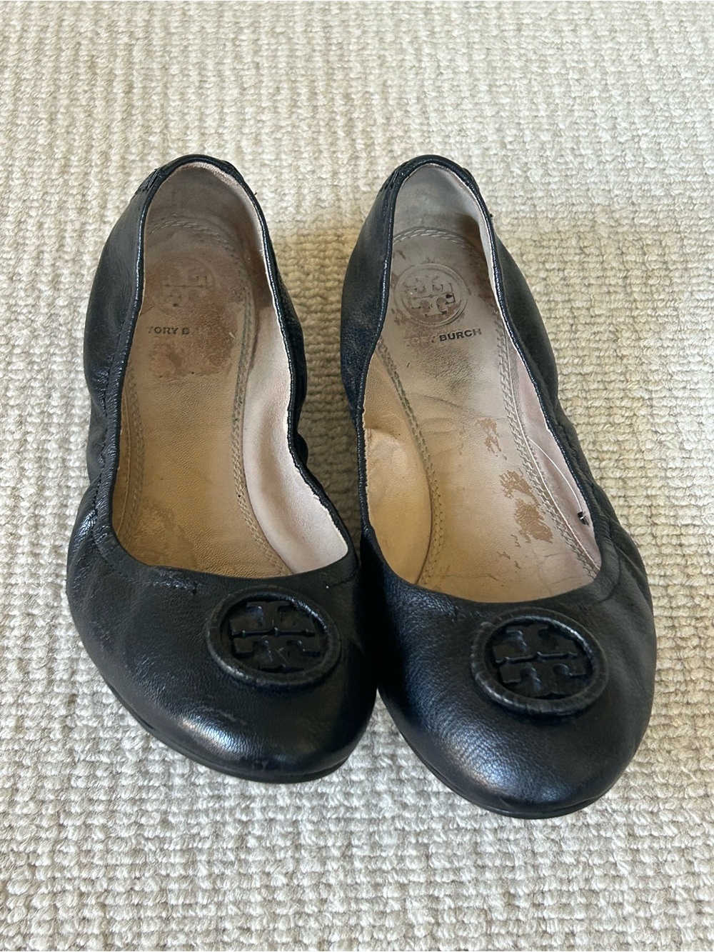 Tory Burch Black Leather Logo Ballet Flats